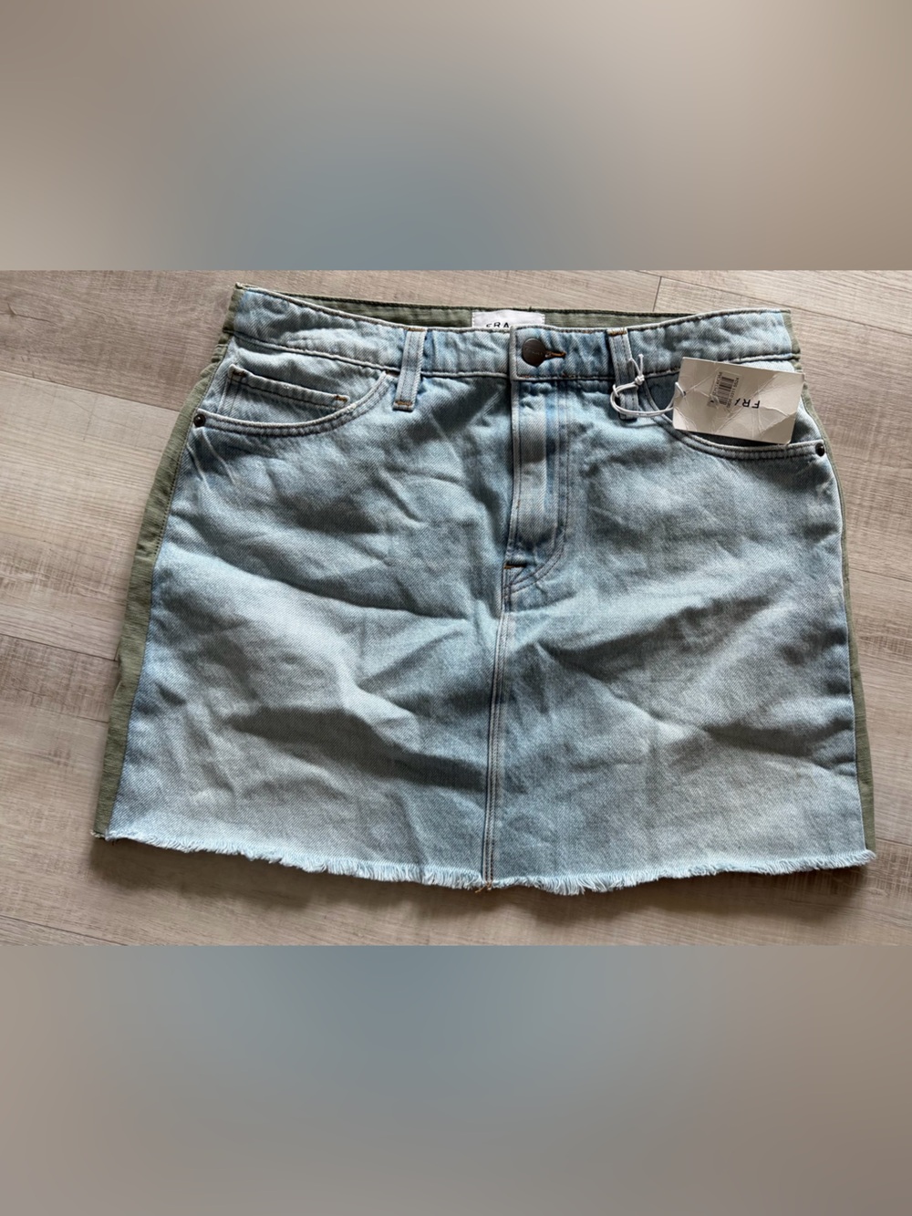 Frame Denim Light Blue Denim Mini Skirt with Olive  back.